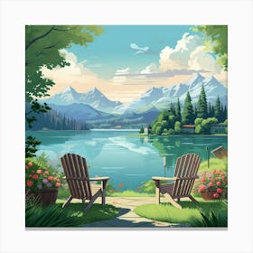 Lake View With Adirondack Chairs Canvas Print