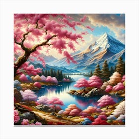 Sakura blossoms with breathtaking lake and mountain in painting art Canvas Print