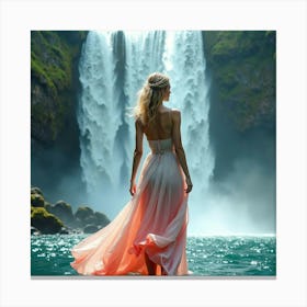 Fashionable Woman In Watercolor Dress, Majestic Waterfall 1 Canvas Print