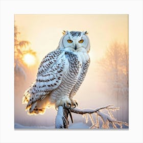 Snowy Owl Perched Stoically On A Frost Covered Branch During A Serene Winter Sunrise Sunlight Filte Canvas Print