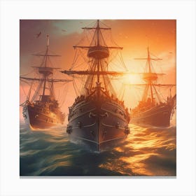 Three Ships In The Ocean Canvas Print