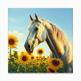 White Horse In Sunflower Field 3 Canvas Print