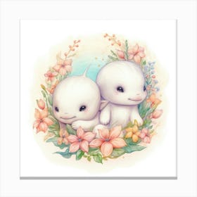 Two White Dolphins In Flowers Canvas Print