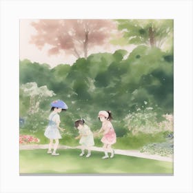 Three Little Girls In A Garden Canvas Print