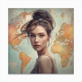 Portrait Of A Girl With A World Map Canvas Print