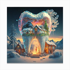 , a house in the shape of giant teeth made of crystal with neon lights and various flowers 12 Canvas Print