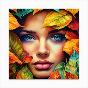 Autumn Leaves On A Woman Face Canvas Print