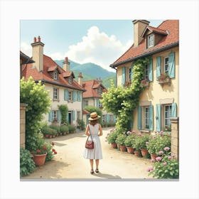 French Lady In A Picturesque Village, Watercolor With Quaint And Charming Details 1 Canvas Print