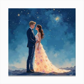 Elegant Couple In Watercolor Fashion, Celestial Night Sky 1 Canvas Print