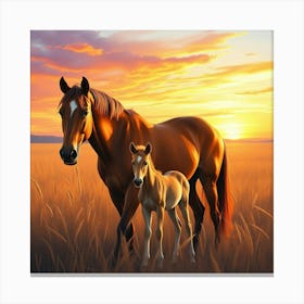 Horse And Foal At Sunset 8 Canvas Print