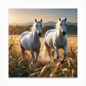 Two White Horses Running In The Field Canvas Print