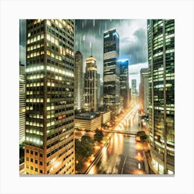 A cityscape at night with tall buildings and a rainy sky with a dramatic scene. Canvas Print