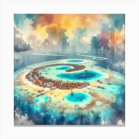 Tropical Haven, A pastel artwork showcasing a detailed view of the lush greenery on parts of the atoll, contrasted against the deep blue ocean. This artwork would look great in a study or a bedroom, where it can inspire creativity and relaxation. 2 Canvas Print