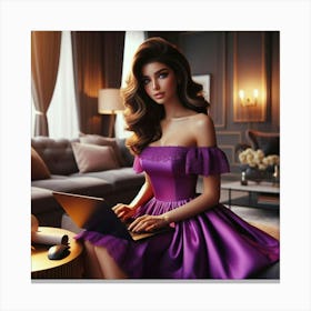 Beautiful Woman In Purple Dress Working On Laptop Canvas Print