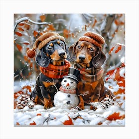 Dachshunds With Snowman Canvas Print