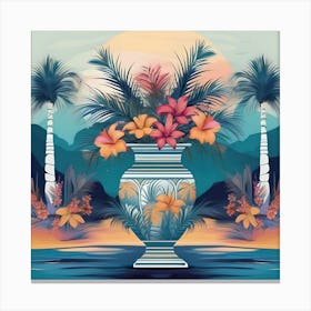 Flower Vase Decorated with Tropical Landscape and Palm Trees, Turquoise, Orange and White Canvas Print