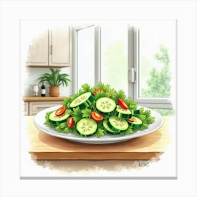 Watercolor Portrayal Of A Fresh And Vibrant Cucumber Salad On A Modern Kitchen Table Canvas Print