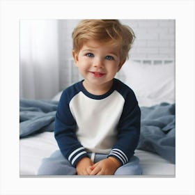 Little Boy Sitting On Bed Canvas Print