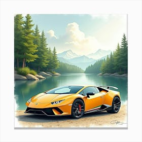 Lamborghini Sián With A Watercolor Peaceful Lake And Forest 1 Canvas Print