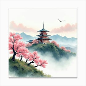 Watercolor Pagoda On A Hill, Surrounded By Cherry Blossoms And Misty Clouds 1 Canvas Print