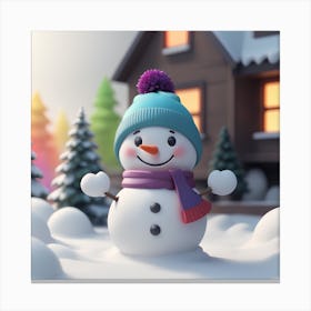 Snowman In Front Of House Canvas Print