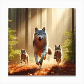 Wolf Family Running In The Forest Canvas Print