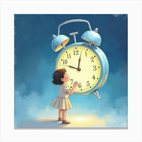 Little Girl Looking At Alarm Clock Canvas Print