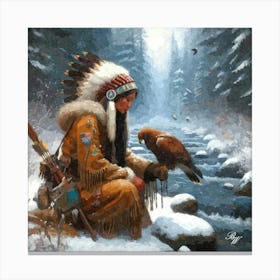Native American Young Woman With Hawk Oil Texture Canvas Print