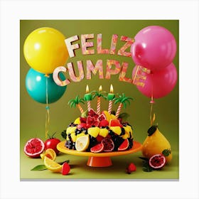 Feliz cumple and Feliz cumpleaños sign means Happy Birthday in Spanish language, Birthday party celebration gift with birthday cake candle colorful balloons best congratulation over light background wall artFeliz Cumple 59 Canvas Print