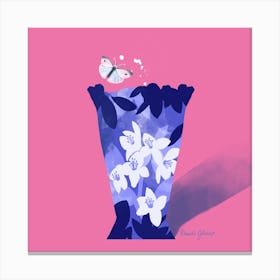 Blue And White Floral Vase On Pink Square Canvas Print