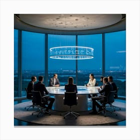 Business Team In Mid Strategizing Session Seated Around A Sleek Oval Glass Table Reflecting Ambien (5) Canvas Print