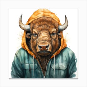 Watercolour Cartoon Bison In A Hoodie 2 Canvas Print