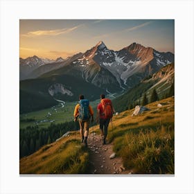 Two Hikers Hiking In The Mountains Canvas Print