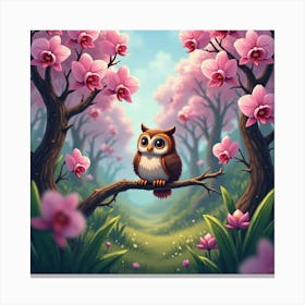 Owl In A Blooming Orchid Grove 1 Canvas Print