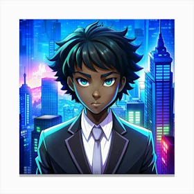 A Young Man In A Suit Standing In Front Of A Cyberpunk City Canvas Print