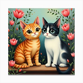 Two Cats With Flowers Canvas Print