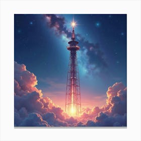 Space Elevator Reaching The Stars, Watercolor Cosmic Hues Canvas Print