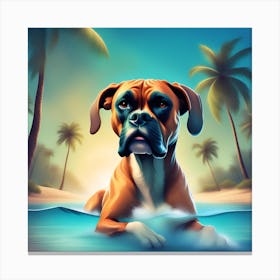 A dog boxer swimming in beach and palm trees 8 Canvas Print