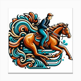 A Guy Riding A Beautiful Horse Fast Around A Curve Folk Art Stlye 3 Canvas Print