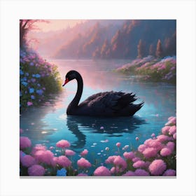 Black Swan in a forest lake with pink flowers at sunset Canvas Print