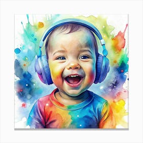 Smiling Baby Wearing Headphones Canvas Print