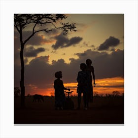 Silhouette Of African Women At Sunset Canvas Print