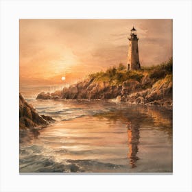 Serene Sunset A Captivating Watercolor Of A Coastal Lighthouse And Tranquil Ocean (1) Canvas Print