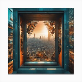 A Man S Head Shows Through The Window Of A City, In The Style Of Multi Layered Geometry, Egyptian Ar (6) Canvas Print