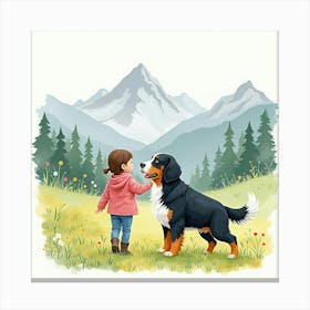 Watercolor Illustration Of A Child And A Bernese Mountain Dog In A Mountain Meadow Canvas Print