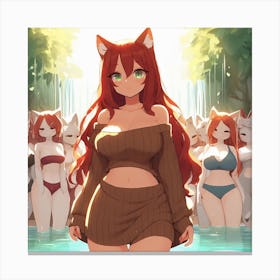 Bathing catgirls Canvas Print