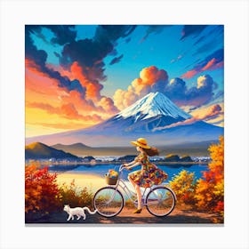 Girl Cycling By A Lake With A Mountain Backdrop Under A Vibrant Sunset Sky Canvas Print