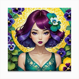 Girl With Purple Hair And Pansies Canvas Print