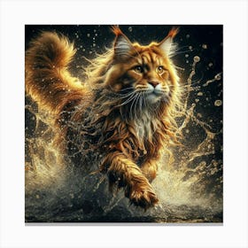 Coon Cat Running In Water Canvas Print