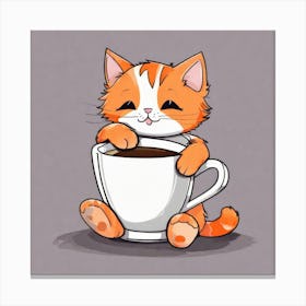 Cute Orange Kitten Loves Coffee Square Composition 1 Canvas Print